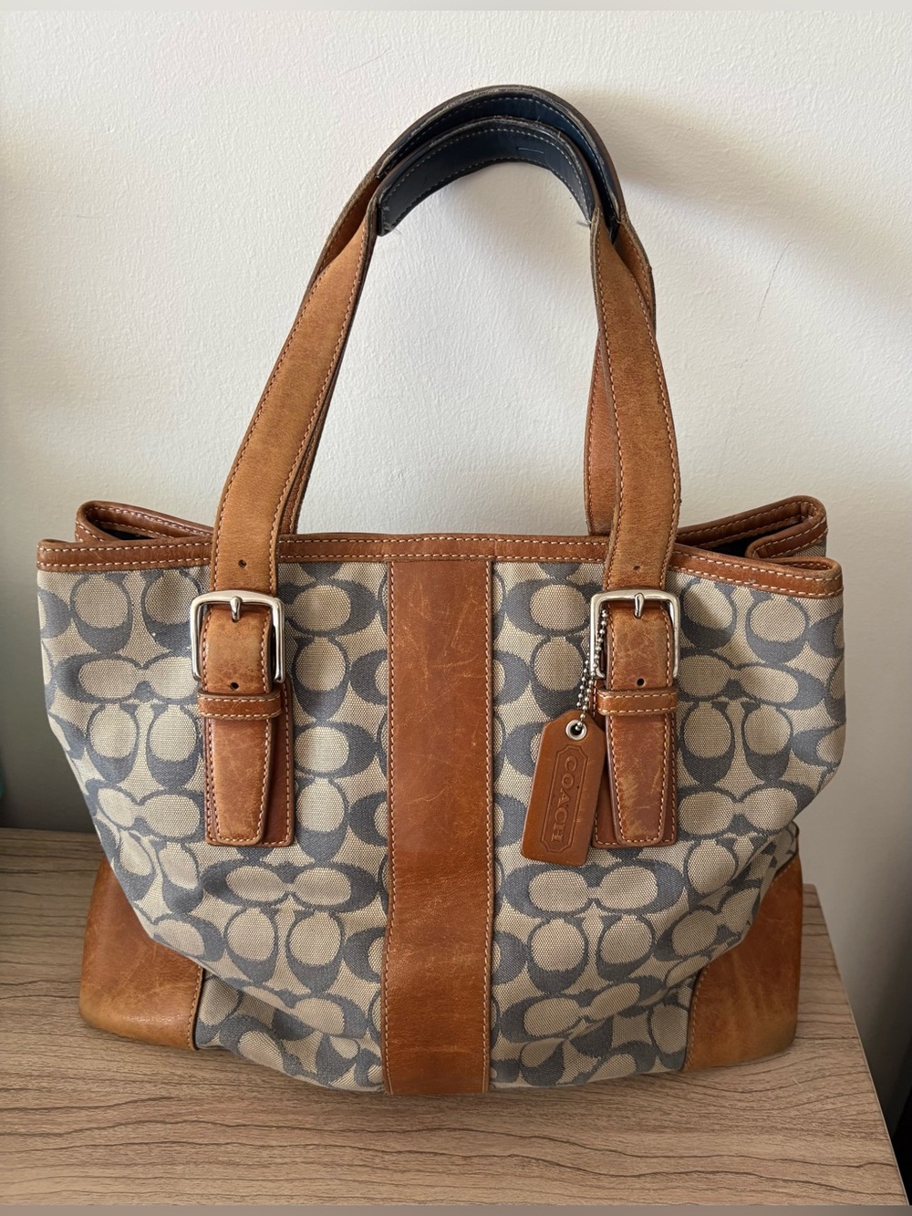 Coach Tan #6019 Leather-Trim Signature Canvas Tote with Gray Monogram